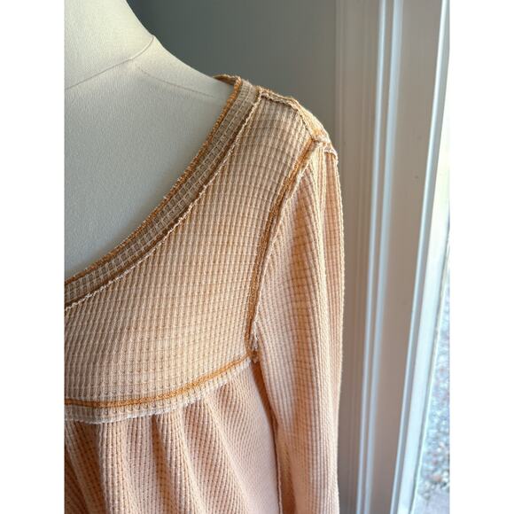 Free People Kai Thermal Waffle Knit Henley Top Womens Small Tan Relaxed Fit - Picture 5 of 11